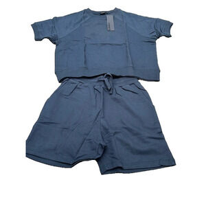 NWT Mono B Womens 2 Piece Set‎ Short Sleeve T-Shirt & Sweat Shorts Blue Size S
